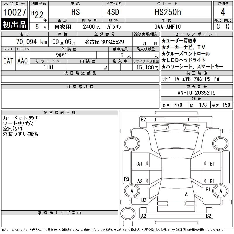 Lexus HS250h  с аукциона в Японии