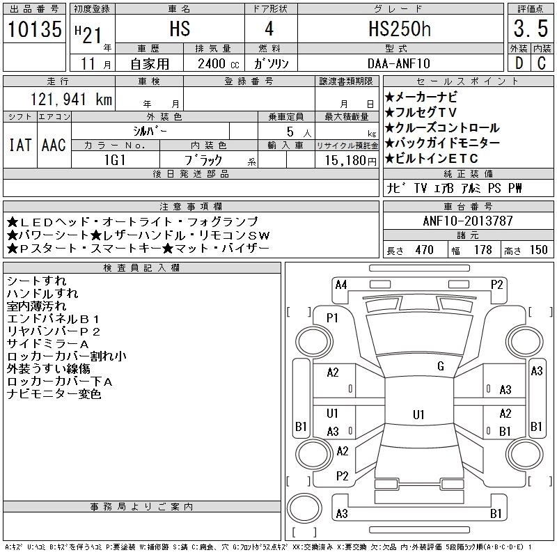 Lexus HS250h  с аукциона в Японии