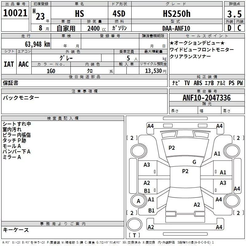 Lexus HS250h  с аукциона в Японии