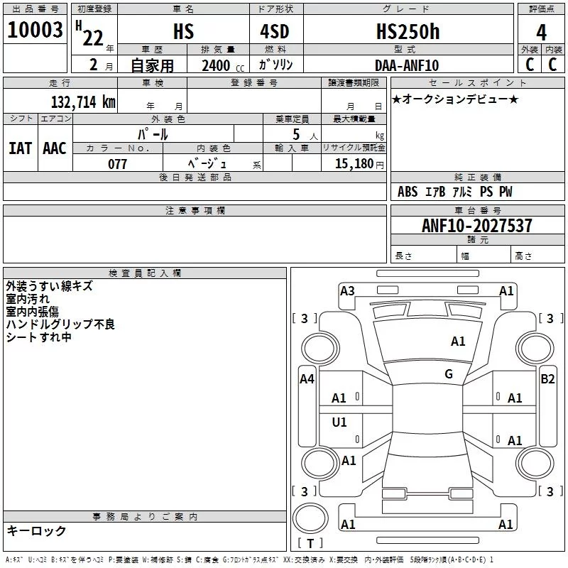 Lexus HS250h  с аукциона в Японии