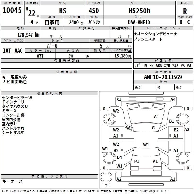 Lexus HS250h  с аукциона в Японии