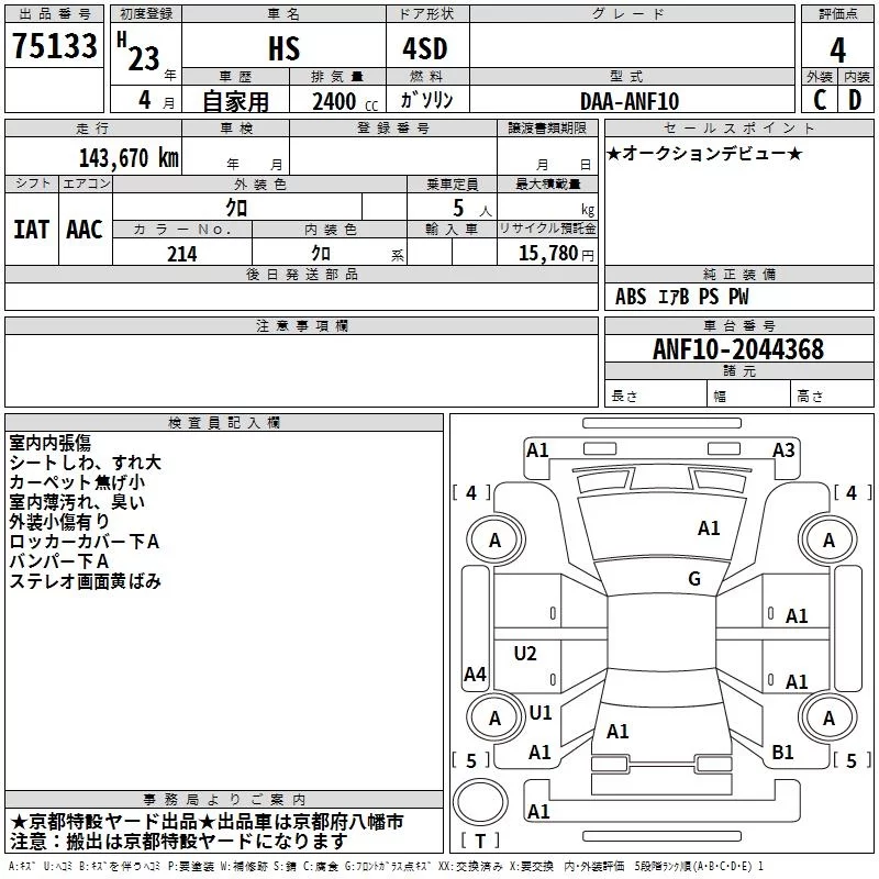 Lexus HS250h  с аукциона в Японии