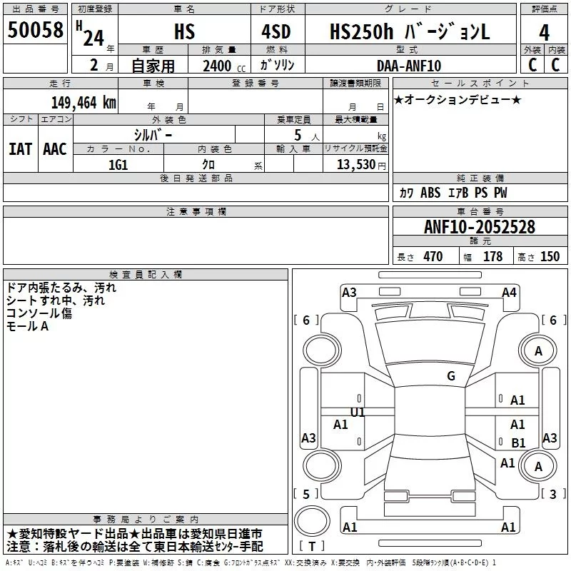 Lexus HS250h  с аукциона в Японии