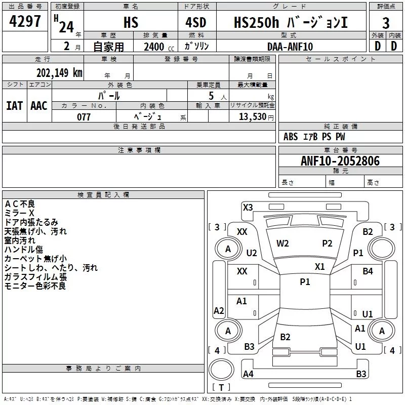 Lexus HS250h  с аукциона в Японии