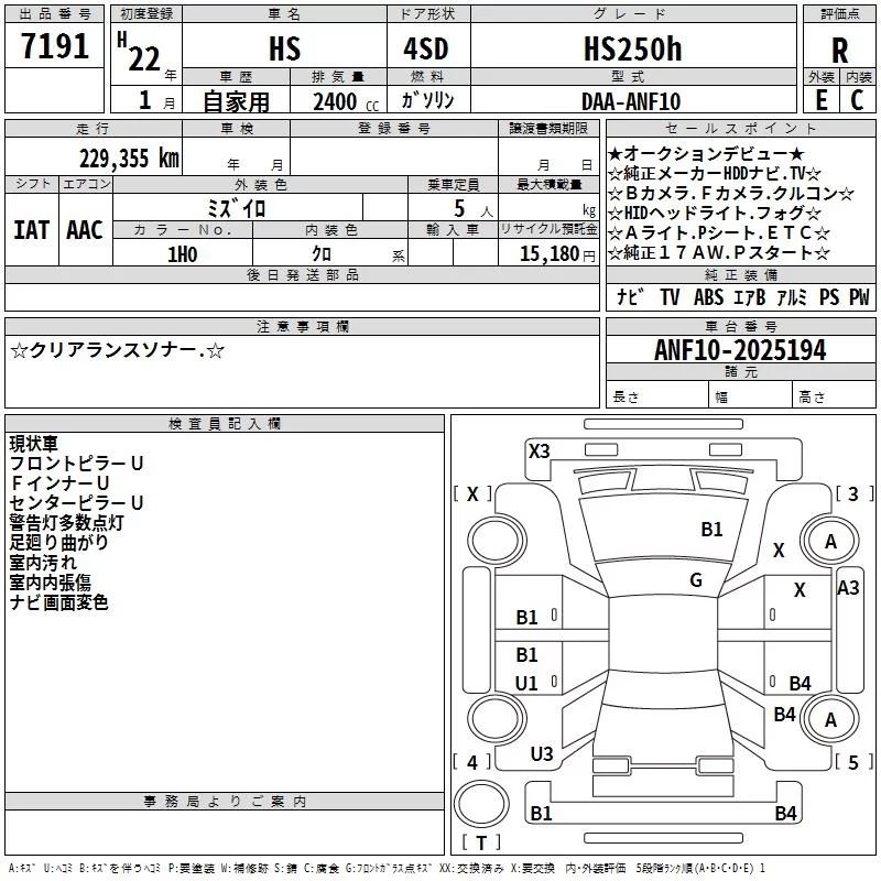 Lexus HS250h  с аукциона в Японии